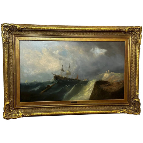 Marine malerier, skip som seiler, damp, sjølandskap, sjøkanter og kampscener til salgs