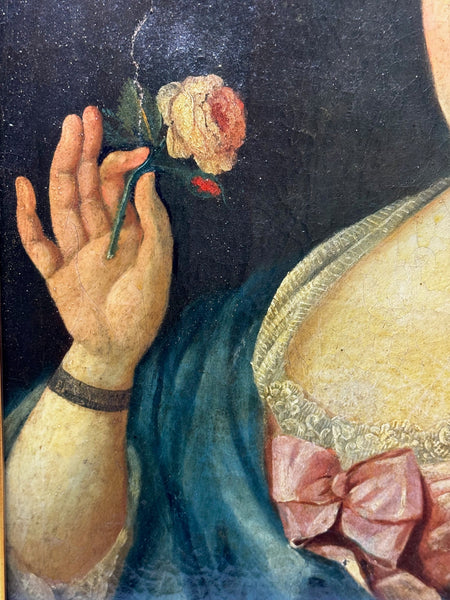 18th Century Oil Painting Lady Holding Rose Follower Of François - Hubert Drouais - Cheshire Antiques Consultant Ltd