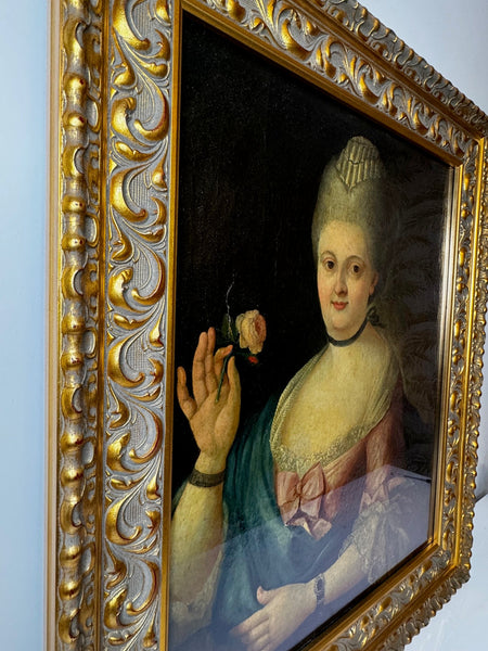 18th Century Oil Painting Lady Holding Rose Follower Of François - Hubert Drouais - Cheshire Antiques Consultant Ltd