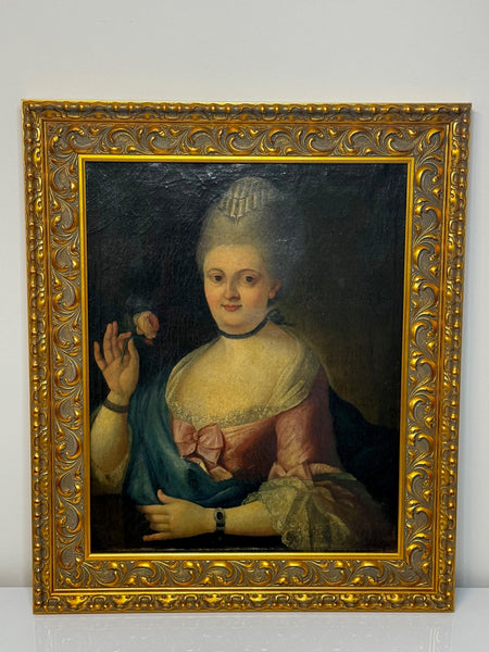 18th Century Oil Painting Lady Holding Rose Follower Of François - Hubert Drouais - Cheshire Antiques Consultant Ltd