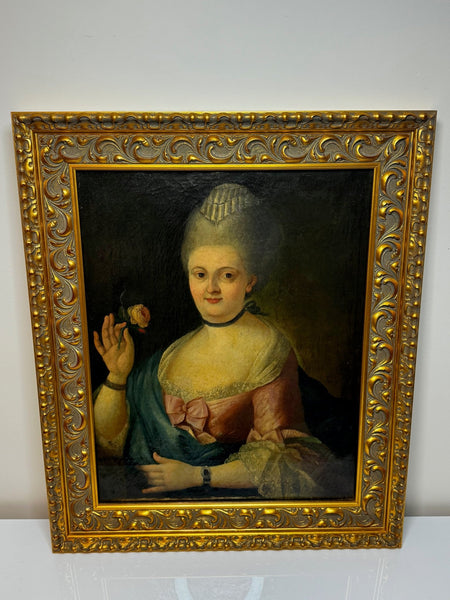 18th Century Oil Painting Lady Holding Rose Follower Of François - Hubert Drouais - Cheshire Antiques Consultant Ltd