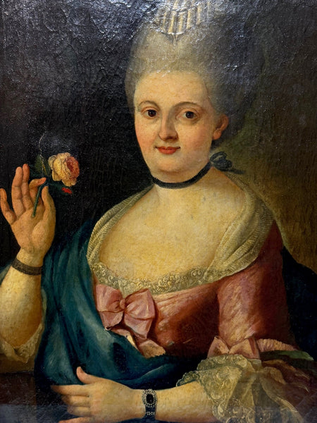 18th Century Oil Painting Lady Holding Rose Follower Of François - Hubert Drouais - Cheshire Antiques Consultant Ltd