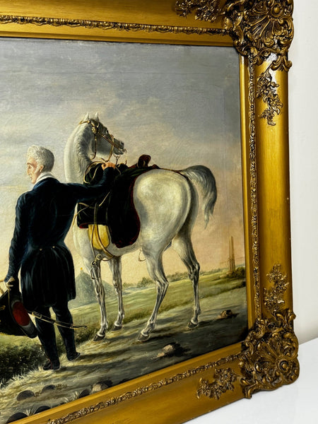 19th Century Historic Oil Painting Field Marshal Duke of Wellington With Arabian White Horse - Cheshire Antiques Consultant Ltd