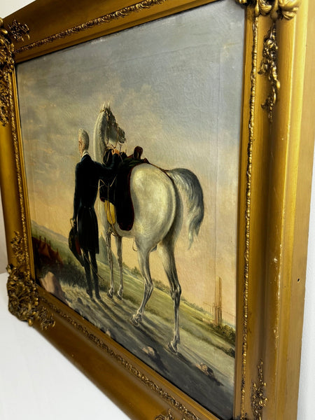 19th Century Historic Oil Painting Field Marshal Duke of Wellington With Arabian White Horse - Cheshire Antiques Consultant Ltd