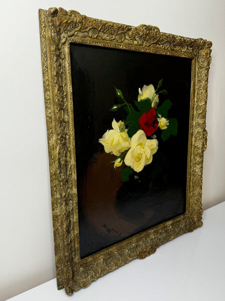 19th Century Oil Painting Flowers Yellow & Red Roses by James Stuart Park - Cheshire Antiques Consultant Ltd