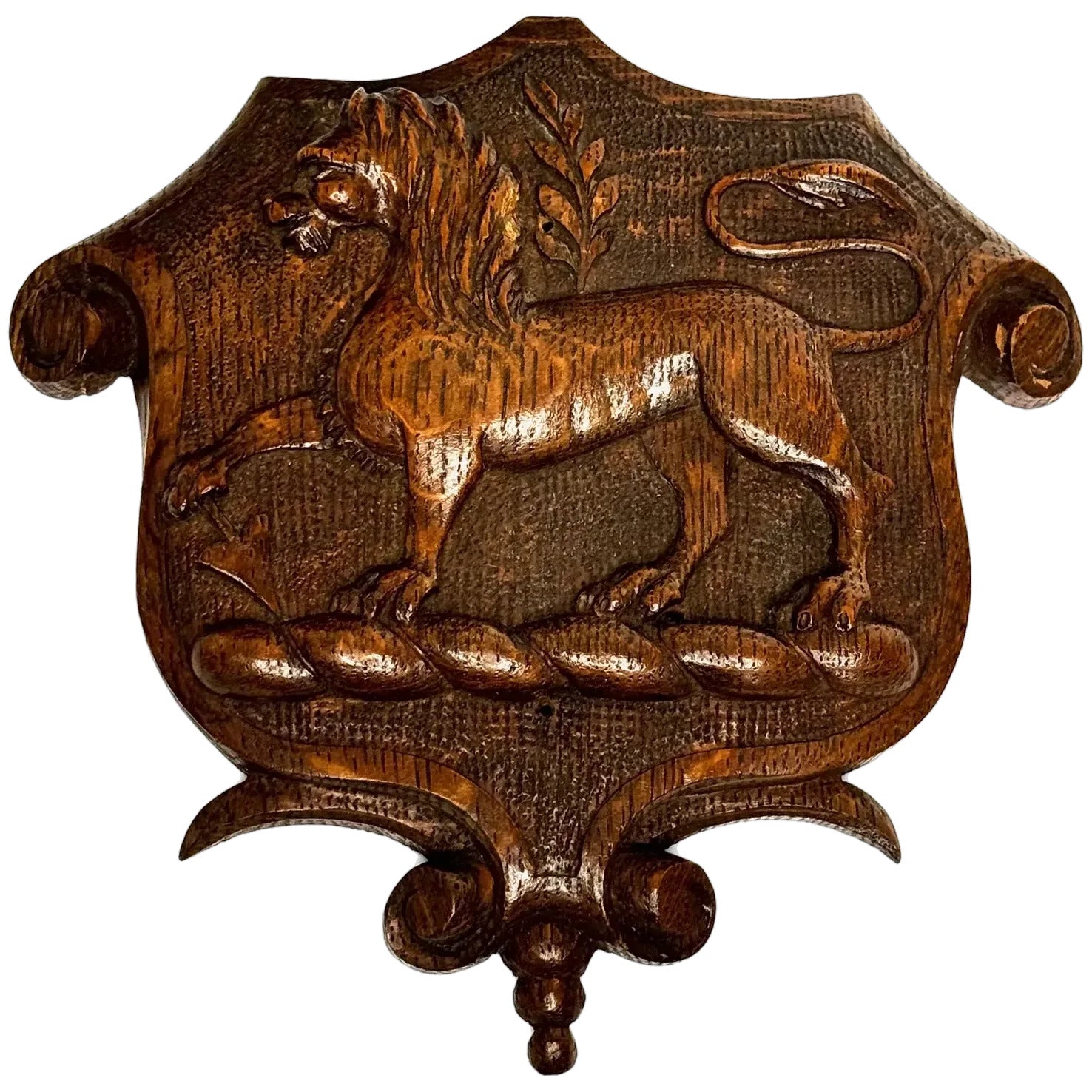 19th Century Pugin Design Carved Tiger Oak Heraldic Lion Shield Family Crest Sculpture - Cheshire Antiques Consultant Ltd