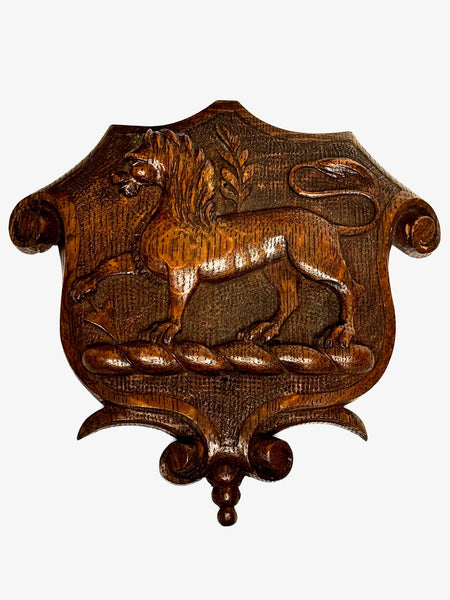 19th Century Pugin Design Carved Tiger Oak Heraldic Lion Shield Family Crest Sculpture - Cheshire Antiques Consultant Ltd