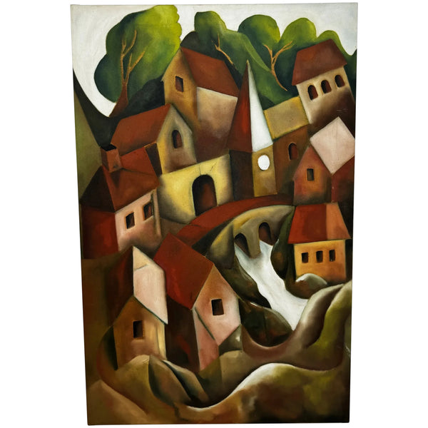 Large Oil Painting After Picasso Cubist-Influenced Hillside Village by Terence Matthew Kane