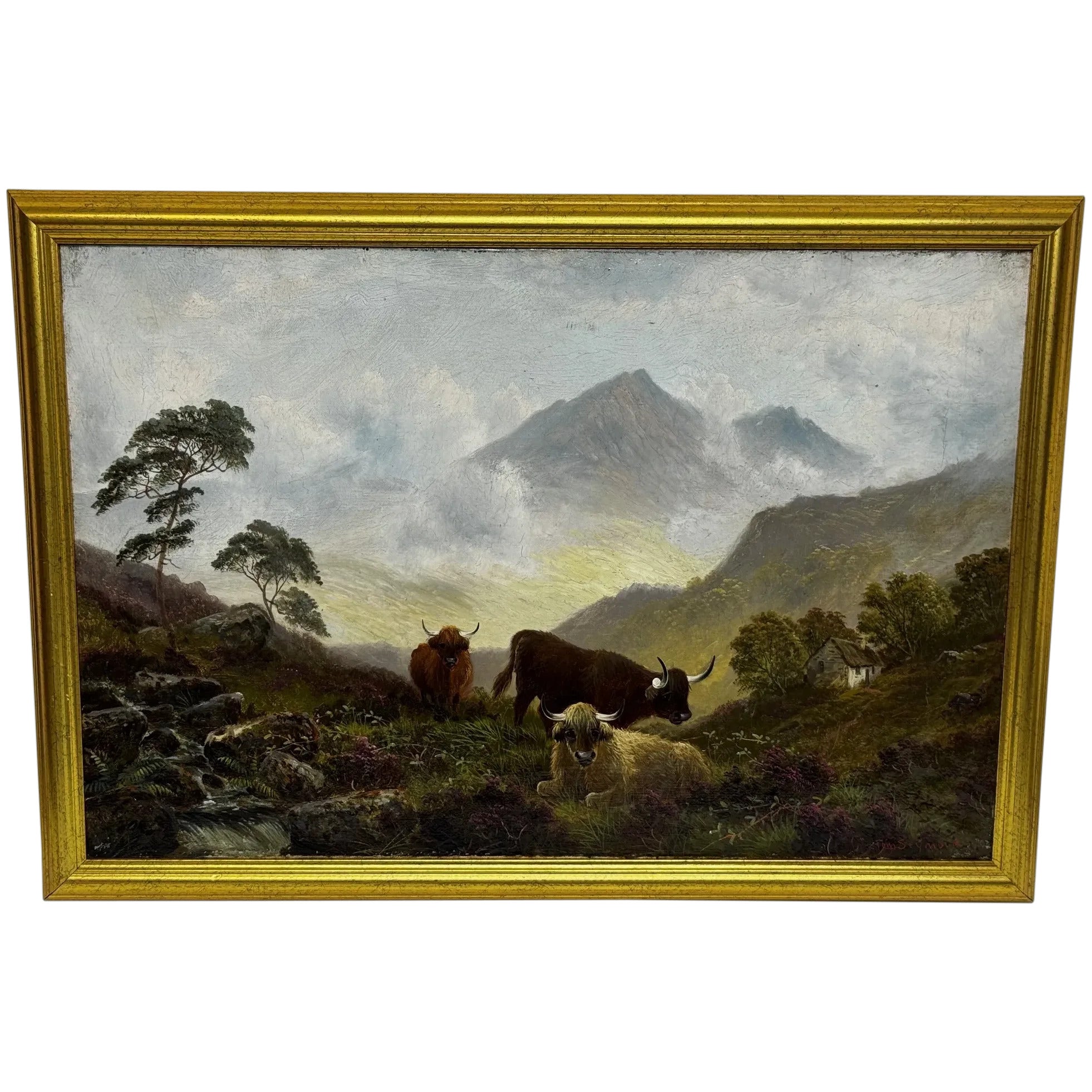 🌄 First Light over Ben Lawers: Highland Cattle Beside Loch Tay By Tom Seymour Oil on Canvas C1880