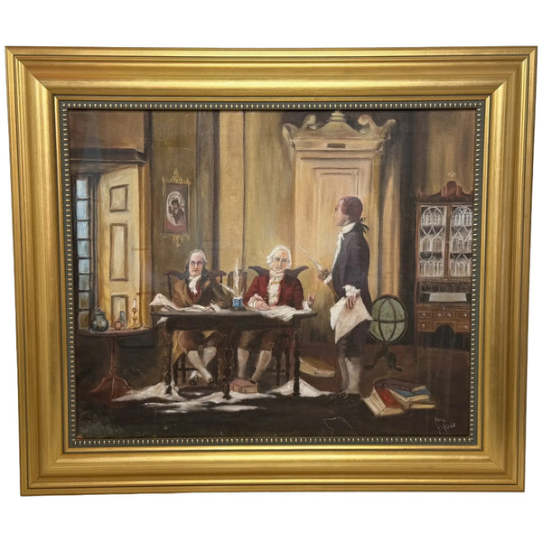 Oil Portrait Declaration of Independence – Benjamin Franklin, John Adams & Thomas Jefferson, Historic Americana Oil Painting After Jean Leon Gerome Ferris