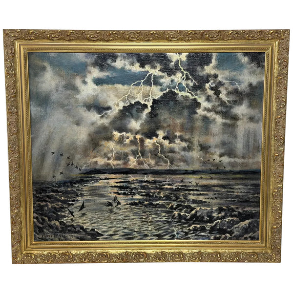 Moss Williams Signed Welsh Coastal Marine Oil Painting Lighting Storm Birds in Flight