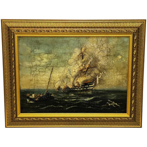 Victorian Painting Burning Of HMS Bombay Ship Follower Richard Brydges Beechey