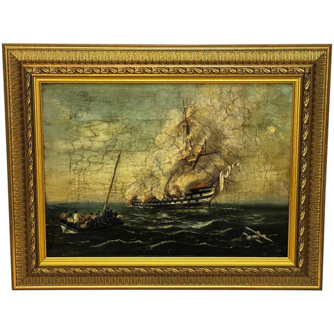 Victorian Painting Burning Of HMS Bombay Ship Follower Richard Brydges Beechey