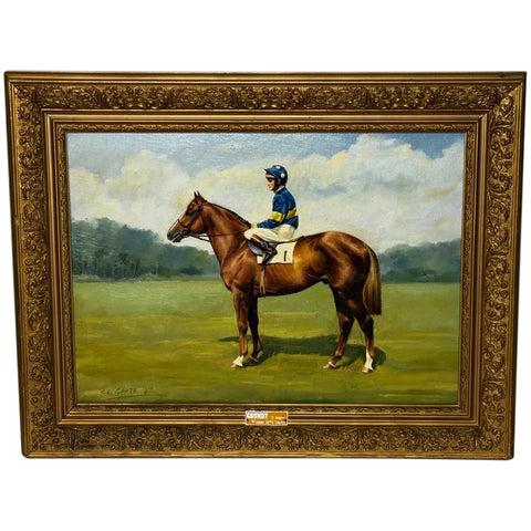 Racing Oil Painting Winner Grundy Epsom Derby 1975 Jockey Pat Eddery Up