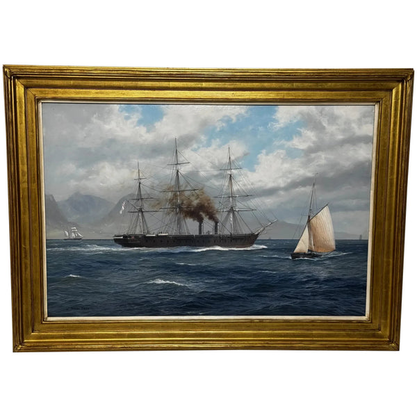 Large Historic Marine Oil Painting HMS Warrior First Ironclad Ship By John Steven Dews