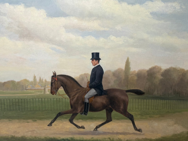 Victorian Equestrian Oil Painting Gentleman Riding In Top Hat At Hyde Park Dated 1887