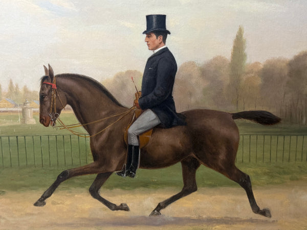 Victorian Equestrian Oil Painting Gentleman Riding In Top Hat At Hyde Park Dated 1887