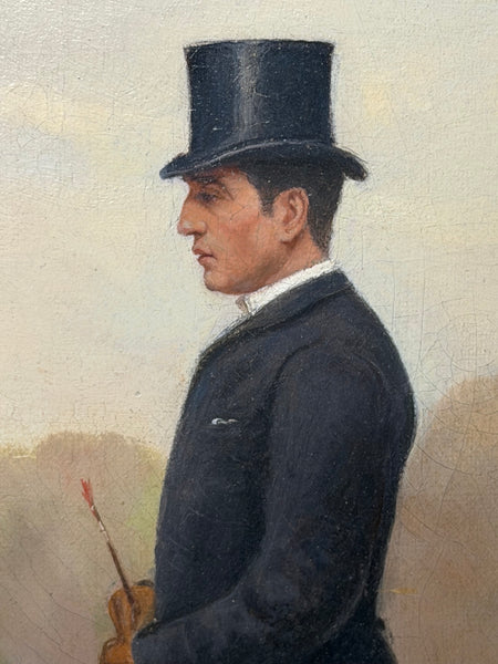 Victorian Equestrian Oil Painting Gentleman Riding In Top Hat At Hyde Park Dated 1887