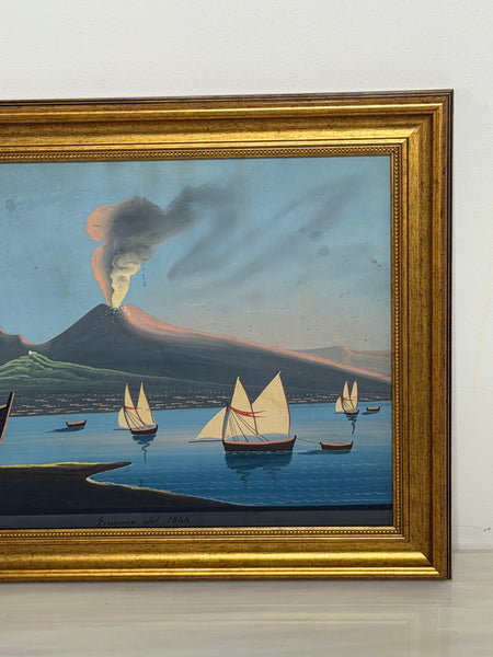 19th Century Neapolitan School Mount Vesuvius Eruption 1844 Gouache Painting