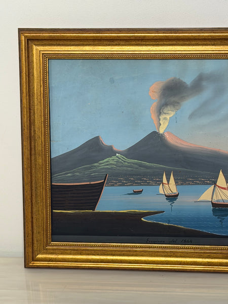 19th Century Neapolitan School Mount Vesuvius Eruption 1844 Gouache Painting