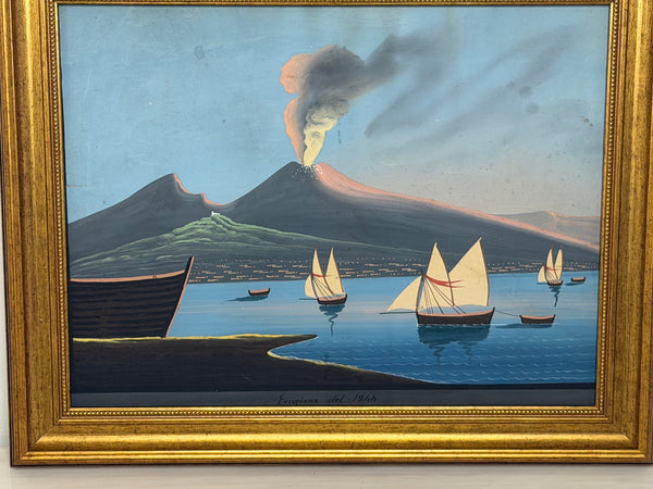19th Century Neapolitan School Mount Vesuvius Eruption 1844 Gouache Painting
