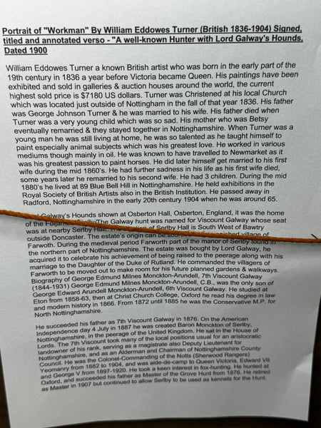 Oil Painting Portrait Workman Bay Hunter Viscount Lord Galway's Hunt Serlby Hall By William Eddowes Turner