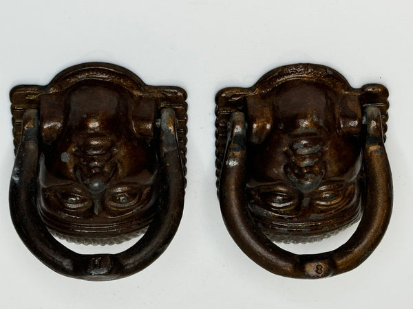 Pair Historic Mythical 19th Century Egyptian Sphinx Head Mask Bronze Door Knockers