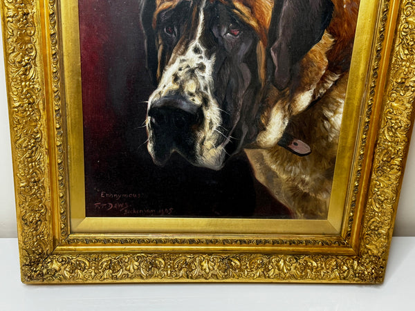 English Edwardian Oil Painting Prized Champion Saint Bernard Dog By Frederick Thomas Daws