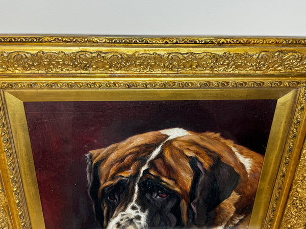 English Edwardian Oil Painting Prized Champion Saint Bernard Dog By Frederick Thomas Daws