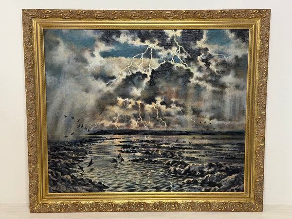 Moss Williams Signed Welsh Coastal Marine Oil Painting Lighting Storm Birds in Flight