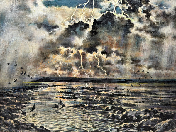 Moss Williams Signed Welsh Coastal Marine Oil Painting Lighting Storm Birds in Flight