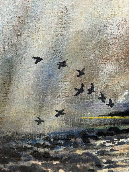 Moss Williams Signed Welsh Coastal Marine Oil Painting Lighting Storm Birds in Flight