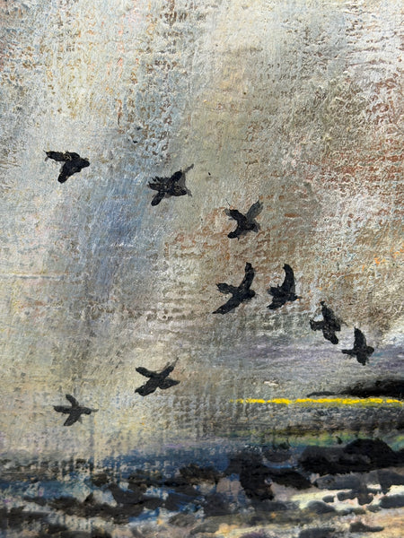 Moss Williams Signed Welsh Coastal Marine Oil Painting Lighting Storm Birds in Flight