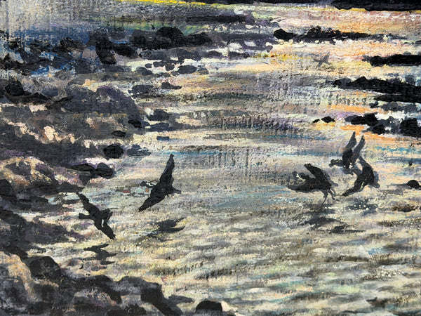 Moss Williams Signed Welsh Coastal Marine Oil Painting Lighting Storm Birds in Flight