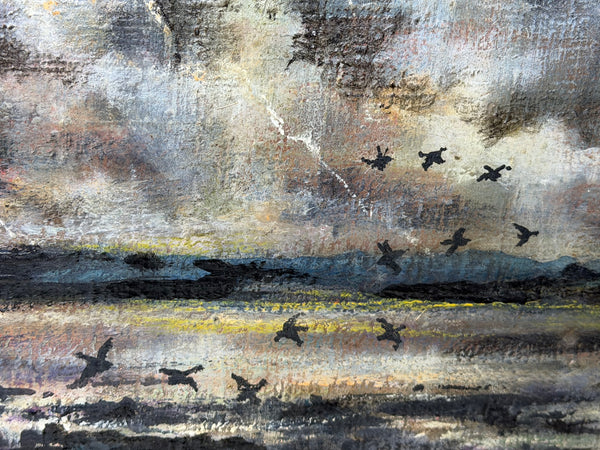 Moss Williams Signed Welsh Coastal Marine Oil Painting Lighting Storm Birds in Flight
