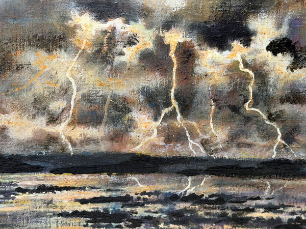 Moss Williams Signed Welsh Coastal Marine Oil Painting Lighting Storm Birds in Flight