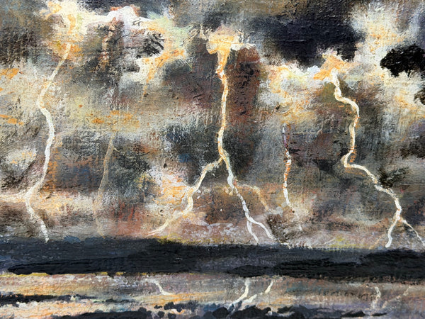 Moss Williams Signed Welsh Coastal Marine Oil Painting Lighting Storm Birds in Flight