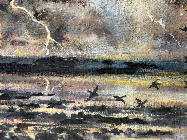 Moss Williams Signed Welsh Coastal Marine Oil Painting Lighting Storm Birds in Flight
