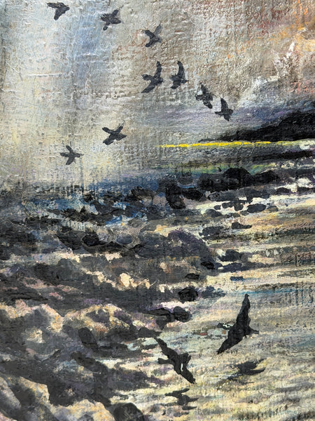 Moss Williams Signed Welsh Coastal Marine Oil Painting Lighting Storm Birds in Flight