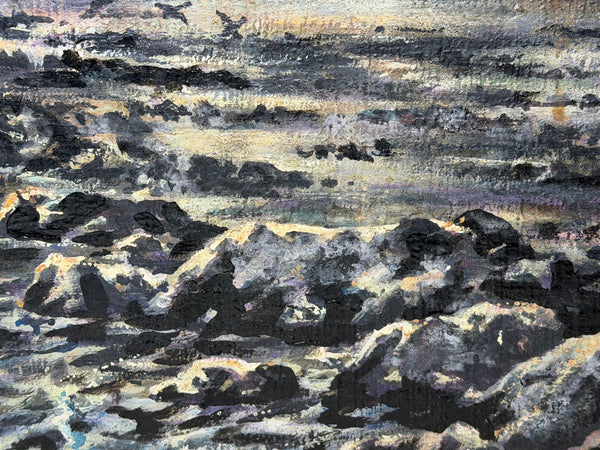 Moss Williams Signed Welsh Coastal Marine Oil Painting Lighting Storm Birds in Flight