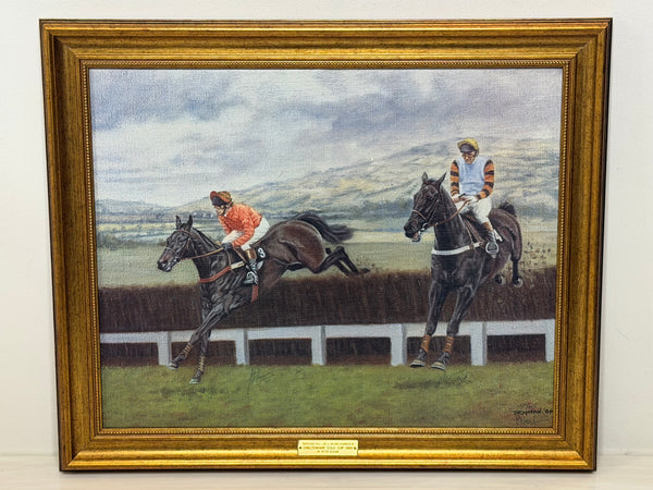 Peter Deighan Sporting Oil Painting Burrough Hill Lad  & Brown Chamberlin Cheltenham Gold Cup 1984 Signed Both Jockeys