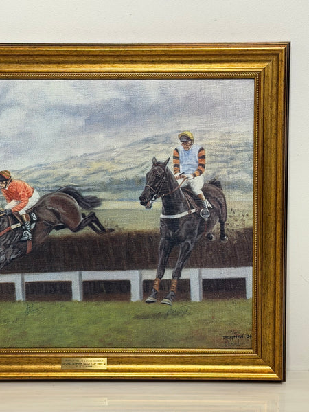 Peter Deighan Sporting Oil Painting Burrough Hill Lad  & Brown Chamberlin Cheltenham Gold Cup 1984 Signed Both Jockeys