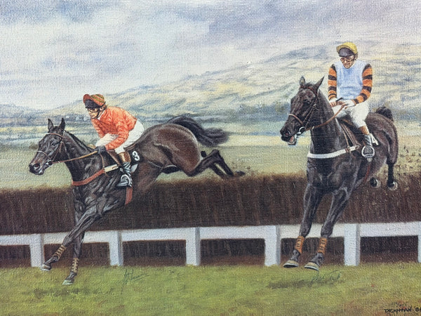 Peter Deighan Sporting Oil Painting Burrough Hill Lad  & Brown Chamberlin Cheltenham Gold Cup 1984 Signed Both Jockeys