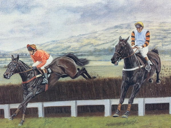 Peter Deighan Sporting Oil Painting Burrough Hill Lad  & Brown Chamberlin Cheltenham Gold Cup 1984 Signed Both Jockeys