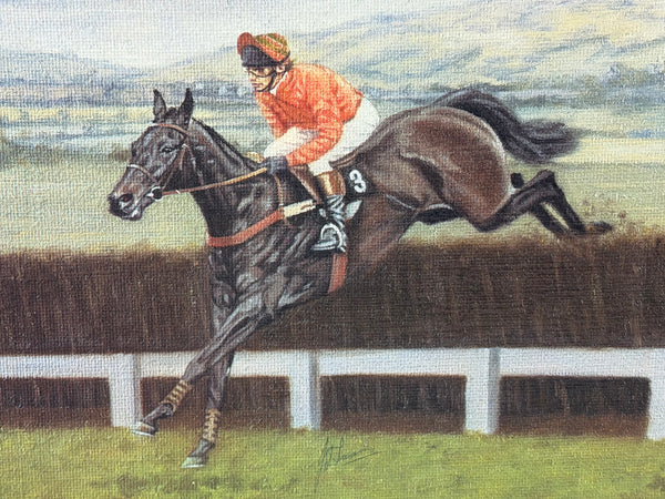 Peter Deighan Sporting Oil Painting Burrough Hill Lad  & Brown Chamberlin Cheltenham Gold Cup 1984 Signed Both Jockeys