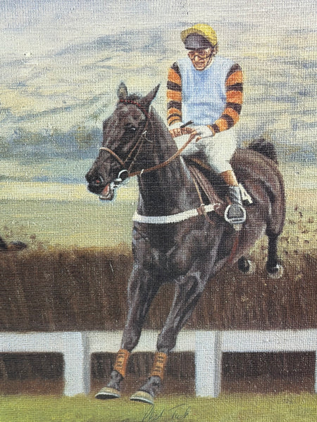 Peter Deighan Sporting Oil Painting Burrough Hill Lad  & Brown Chamberlin Cheltenham Gold Cup 1984 Signed Both Jockeys