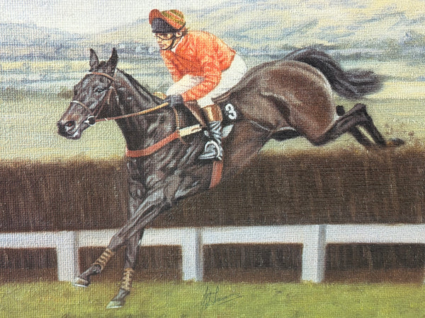 Peter Deighan Sporting Oil Painting Burrough Hill Lad  & Brown Chamberlin Cheltenham Gold Cup 1984 Signed Both Jockeys
