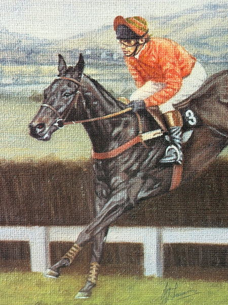 Peter Deighan Sporting Oil Painting Burrough Hill Lad  & Brown Chamberlin Cheltenham Gold Cup 1984 Signed Both Jockeys