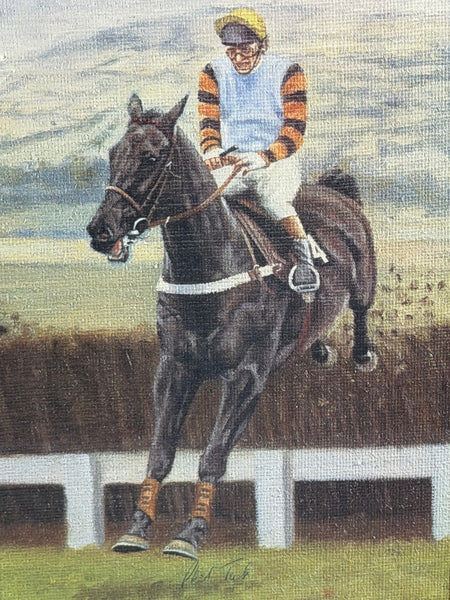 Peter Deighan Sporting Oil Painting Burrough Hill Lad  & Brown Chamberlin Cheltenham Gold Cup 1984 Signed Both Jockeys