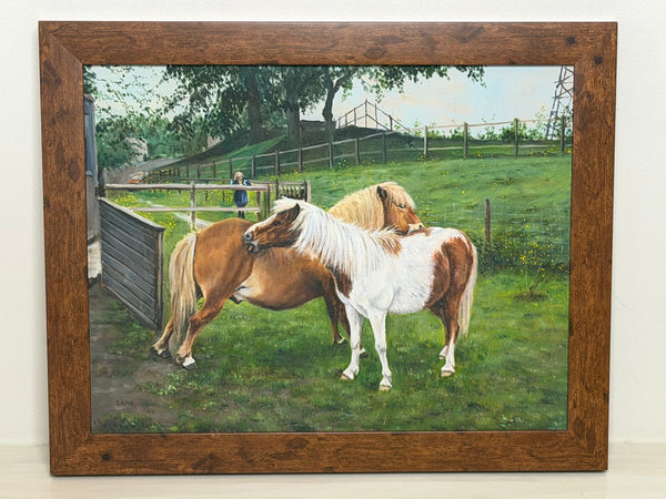 David Lamb British Equestrian Oil Painting Shetland Groom With Ponies